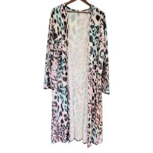 GeeGee Womens MultiColor Fun Animal Print Longline Open Front Side Slit Cardigan